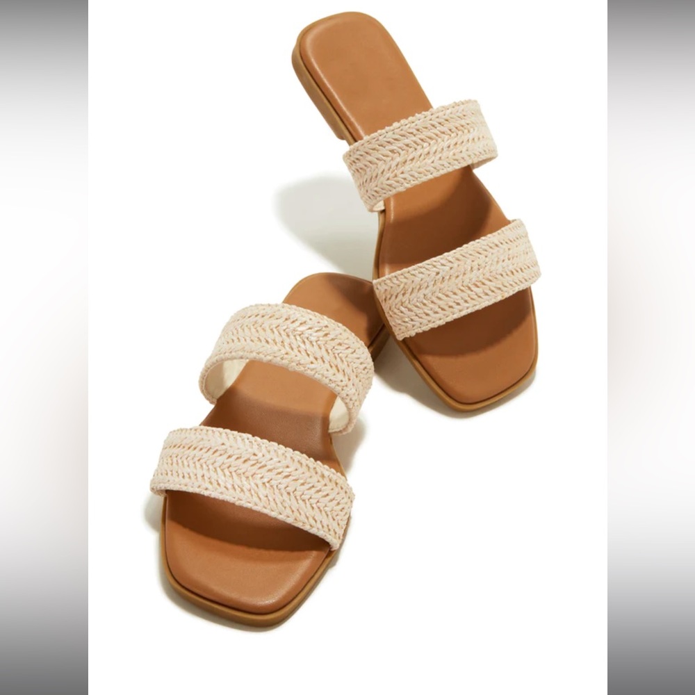 NWT!! BEACH STYLE SYNTHETIC RAFFIA BRAIDED DOUBLE STRAP FLAT SANDAL - Picture 3 of 6